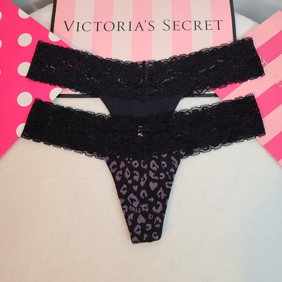 VTG VS PINK 2pk Lace Waist Cotton Extra Low Rise Thong Panties Size Sm - Picture 1 of 7